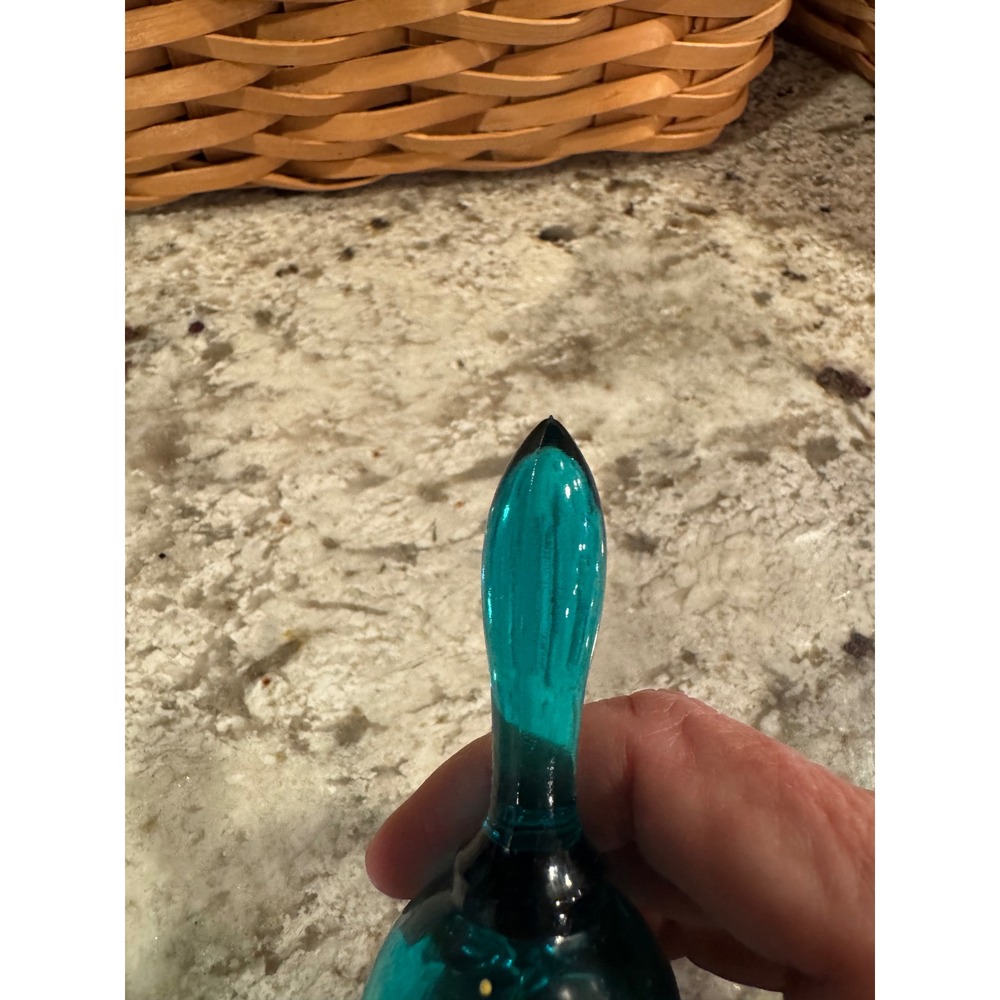 Vintage Fenton Teal Blue Glass Bell Hand Painted Floral Diamond Optic Signed - Picture 6 of 10